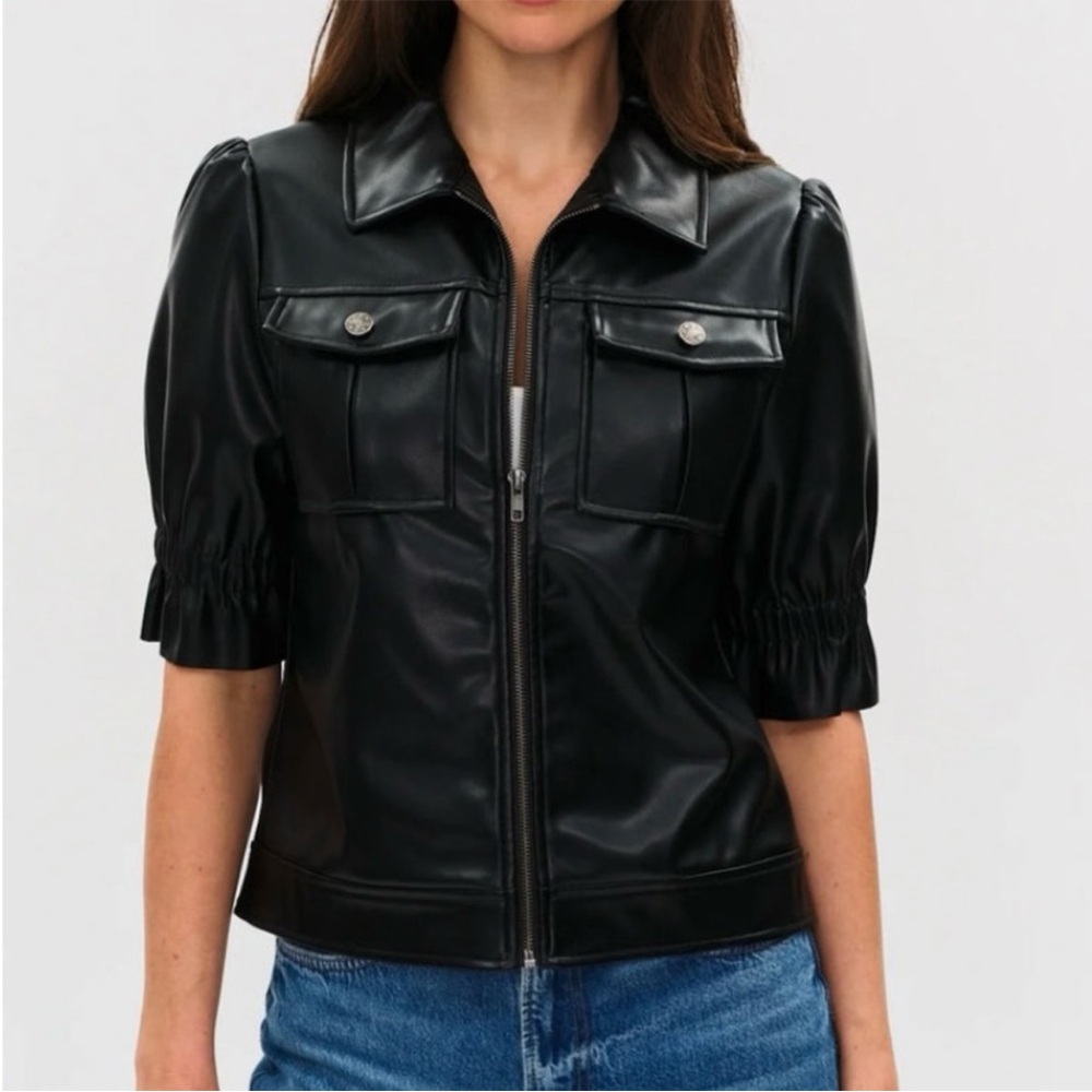 Black Leather Short-Sleeve Zip Front Jacket
